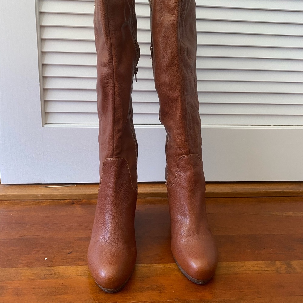 Brown leather wedge boots
